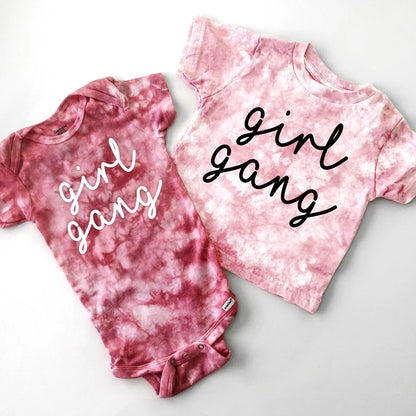 girl gang tie dye matching shirts onesies bodysuits tees toddler baby mom sister matching cousin mom gift baby announcement pregnancy gender reveal shirts pink