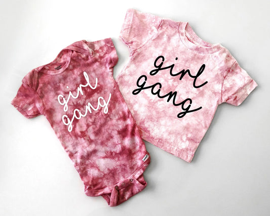 girl gang tie dye matching shirts onesies bodysuits tees toddler baby mom sister matching cousin mom gift baby announcement pregnancy gender reveal shirts pink