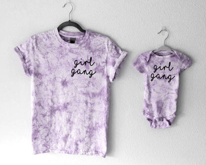 girl gang tie dye matching shirts onesies bodysuits tees toddler baby mom sister matching cousin mom gift baby announcement pregnancy gender reveal shirts pink purple girly