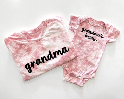 grandma and me matching tie dye baby onesie and soft 100% cotton t shirt grandmother gift mothers day custom personalized pregnancy announcement