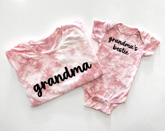 grandma and me matching tie dye baby onesie and soft 100% cotton t shirt grandmother gift mothers day custom personalized pregnancy announcement