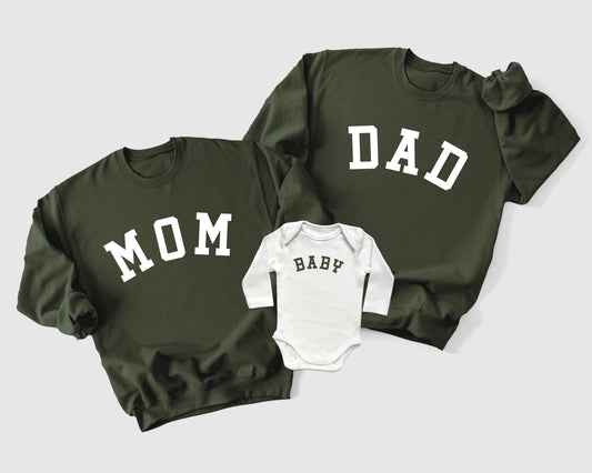 Army Green Family Matching Sweatshirts and Baby Bodysuits and Bubbles for coming home from the hospital outfits