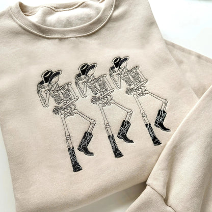 embroidered cowboy skeleton funny halloween sweatshirt halloween crewneck in sand