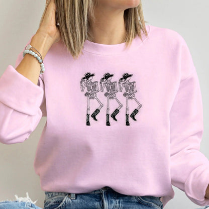 embroidered cowboy skeleton funny halloween sweatshirt halloween crewneck in pink 