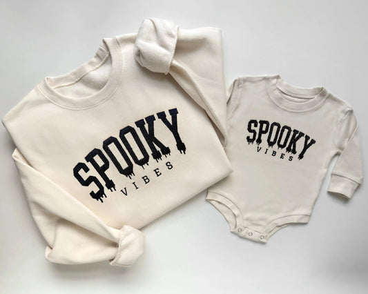 spooky vibes embroidered halloween sweatshirts for mom and baby in cream