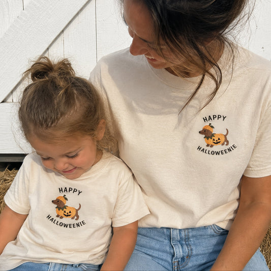 Embroidered Happy Halloweenie Pumpkin Dog Matching Family Shirts