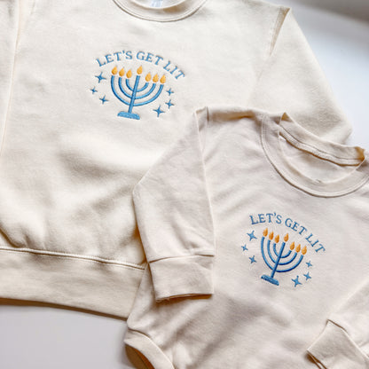 Let's Get Lit Embroidered Hanukkah Matching Family Sweatshirts & Baby Outfits