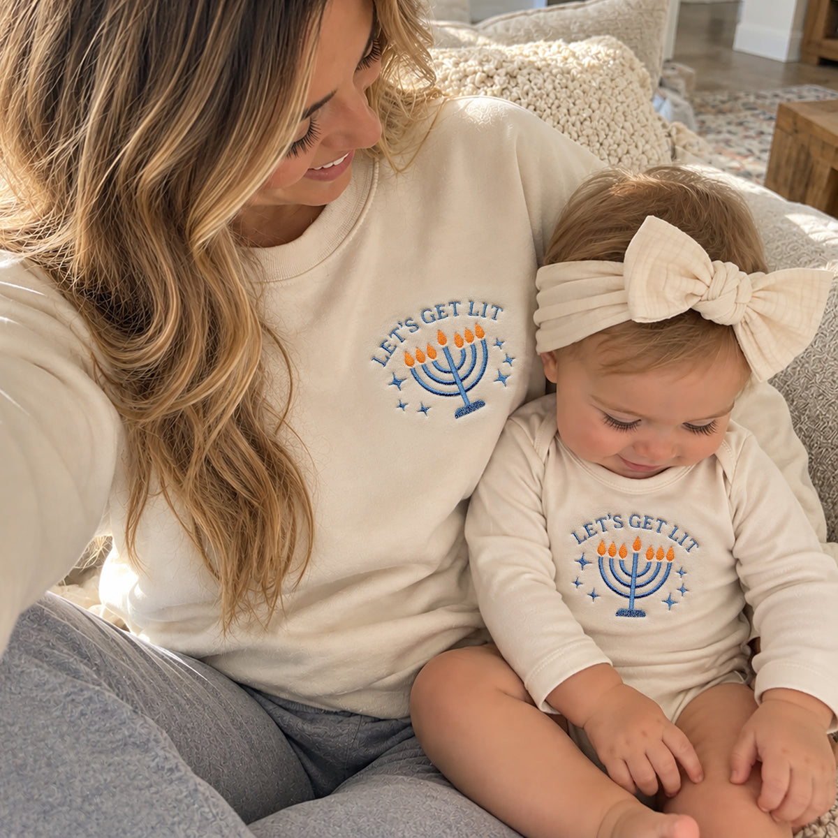 Let's Get Lit Embroidered Hanukkah Matching Family Sweatshirts & Baby Outfits