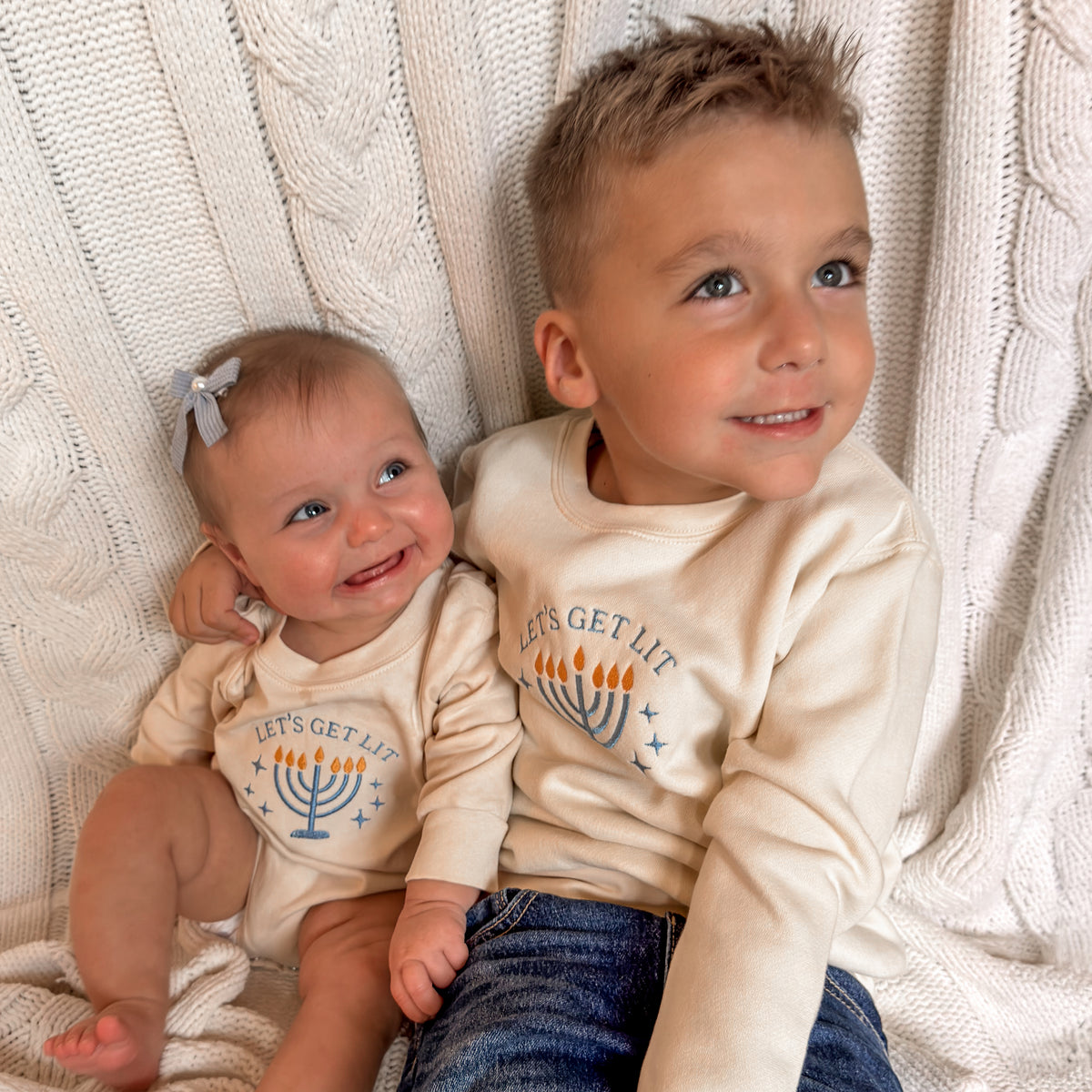 Let's Get Lit Embroidered Hanukkah Matching Family Sweatshirts & Baby Outfits