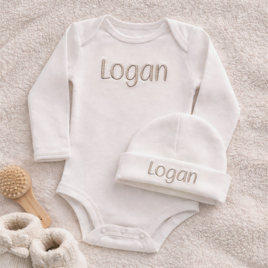 Personalized Newborn Name Outfit | Custom Baby Bodysuit & Hat Set