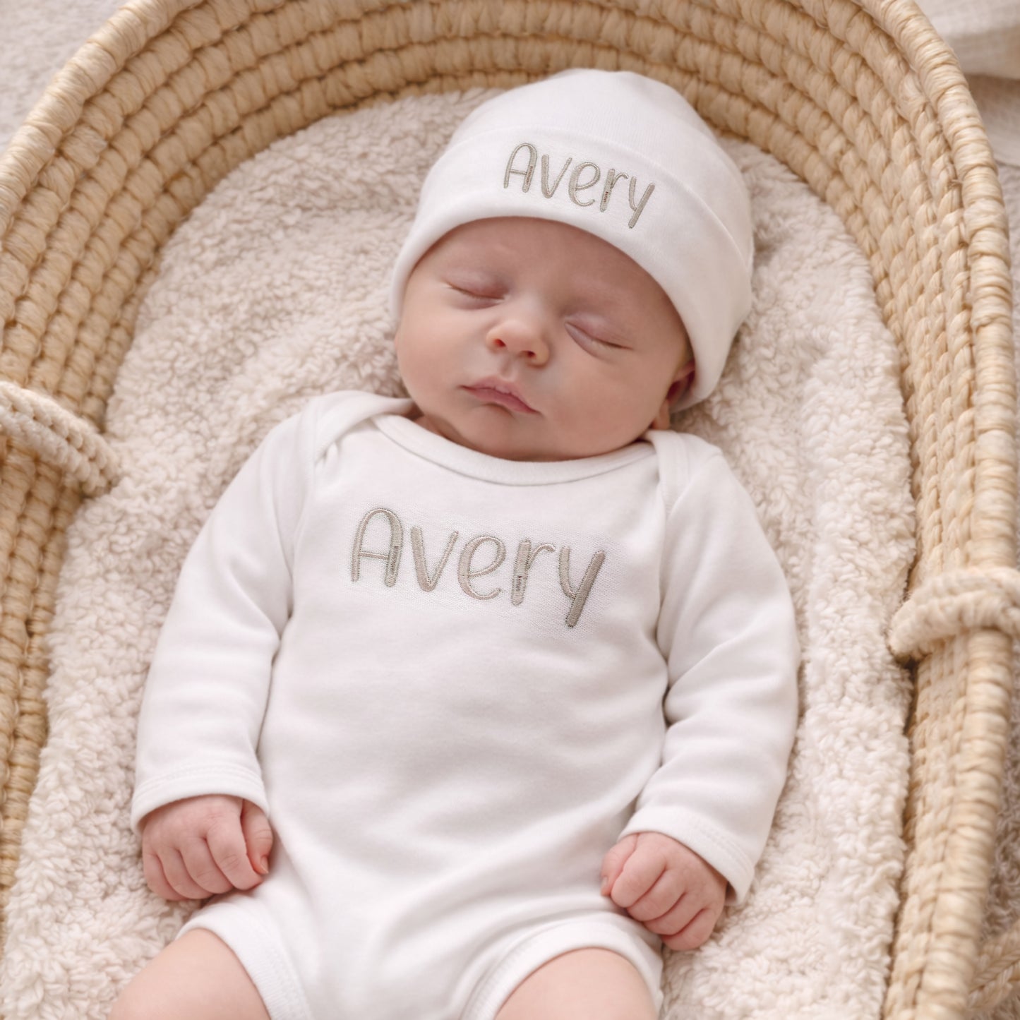 Personalized Newborn Name Outfit | Custom Baby Bodysuit & Hat Set newborn in basket