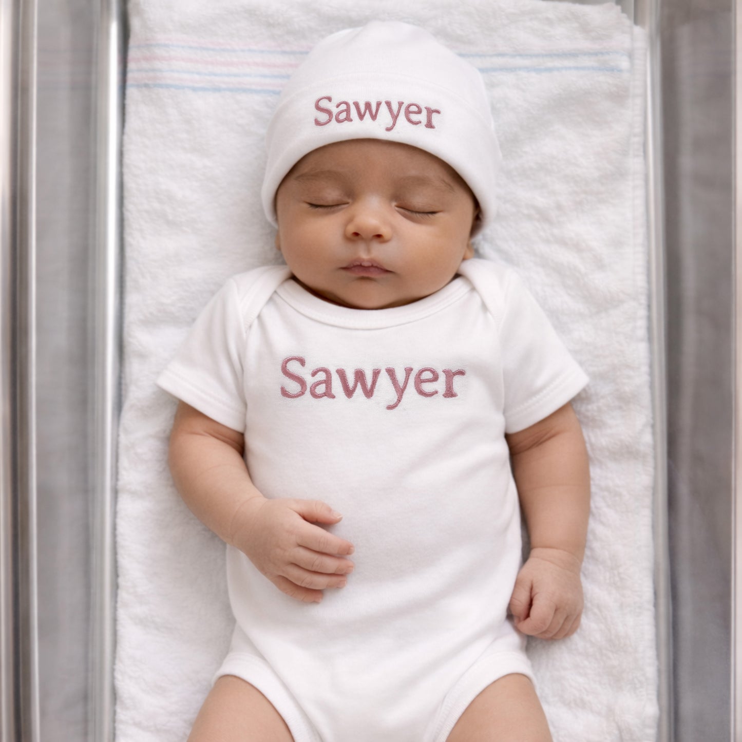 Personalized Newborn Name Outfit | Custom Baby Bodysuit & Hat Set newborn hospital coming home