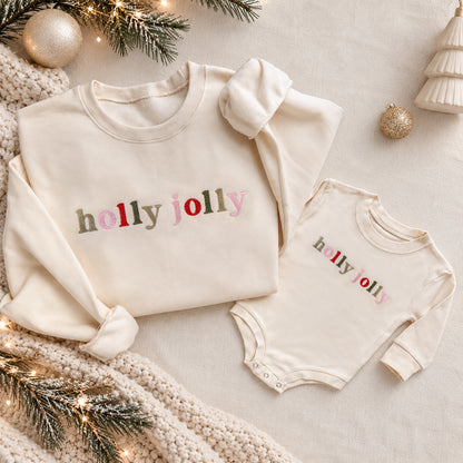 Holly Jolly Embroidered Christmas Matching Family Sweatshirts & Baby Outfits
