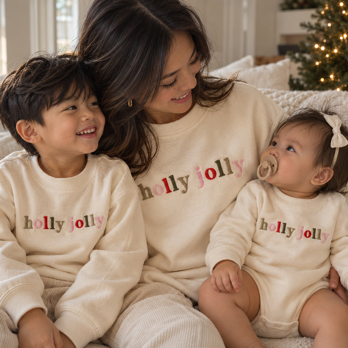 Holly Jolly Embroidered Christmas Matching Family Sweatshirts & Baby Outfits