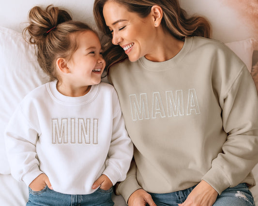 mama dad mini matching baby onesie bodysuit sweatshirts pullovers crewnecks family matching baby shower gift newborn coming home from hospital outfit sister brother sibling neutral matching