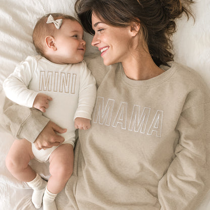 mama dad mini matching baby onesie bodysuit sweatshirts pullovers crewnecks family matching baby shower gift newborn coming home from hospital outfit sister brother sibling neutral matching