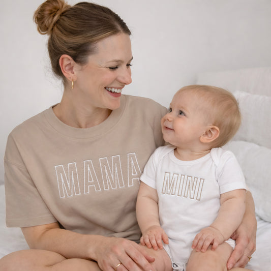mama and mini neutral matching embroidered t-shirt mom and baby set lifestyle shot on a mom and toddler