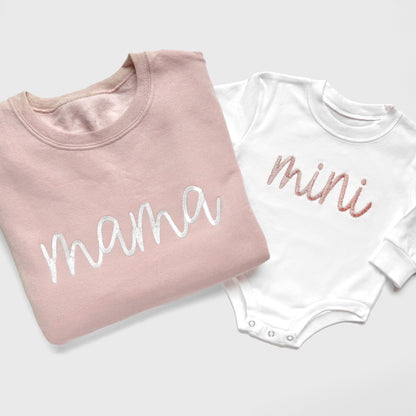 mama and mini matching sweaters, mommy and me matching outfits, custom embroidered sweatshirt