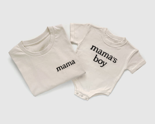 cream black neutral mama mamas boy t shirt onesie bubble mommy and me baby son matching shirts embroidered embroidery baby shower gift