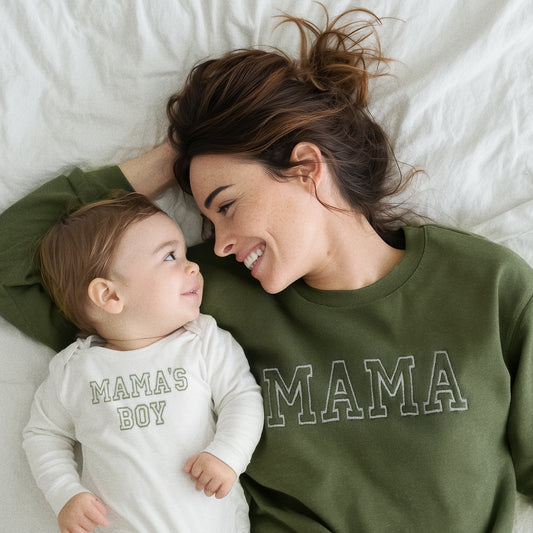 army green mama sweatshirt matching white baby onesie mini embroidered embroidery crewneck pullover mommy and me set baby shower gift baby boy mamas boy