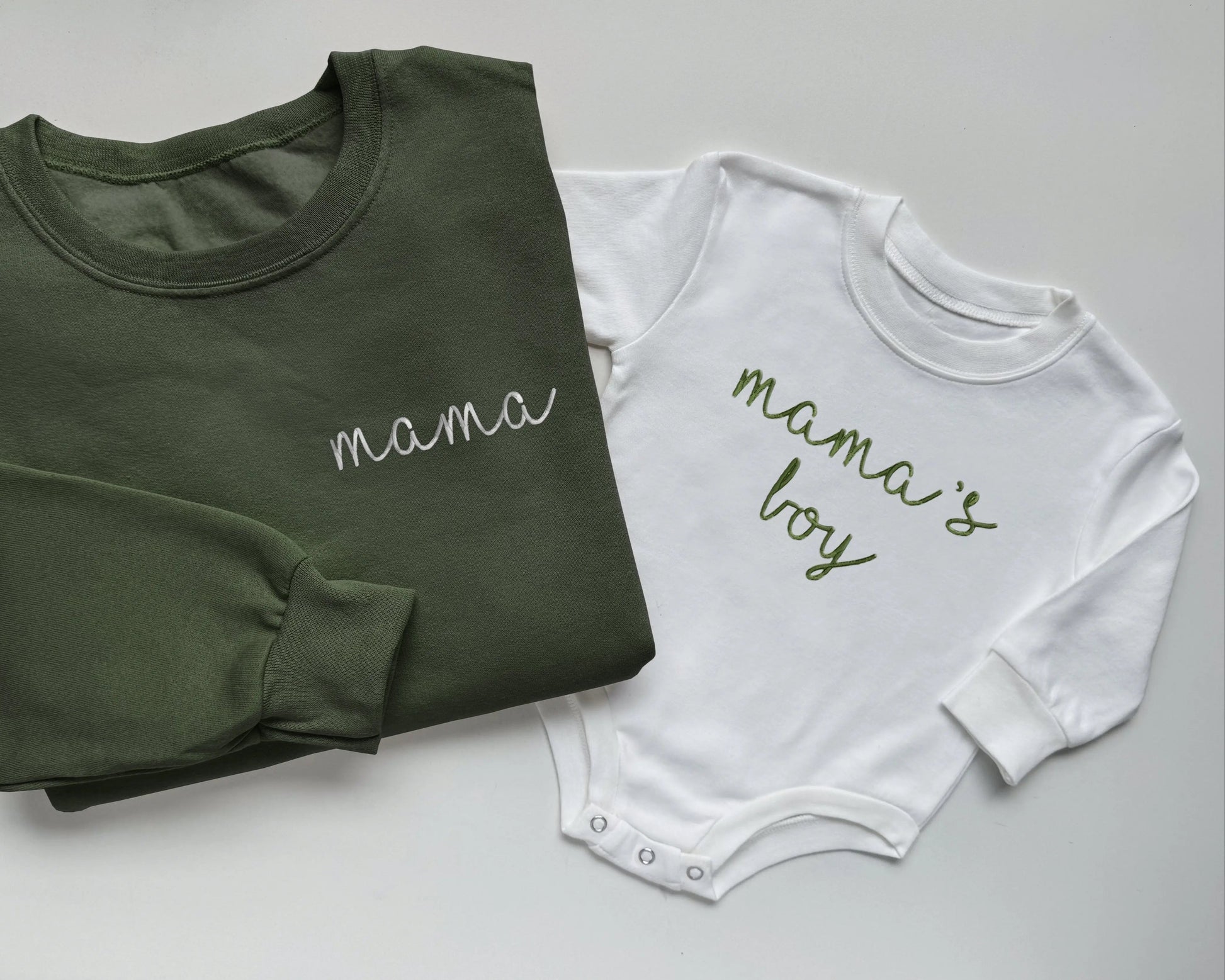 army green mama sweatshirt matching white baby onesie mini embroidered embroidery crewneck pullover mommy and me set baby shower gift baby boy mamas boy