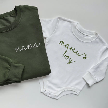 army green mama sweatshirt matching white baby onesie mini embroidered embroidery crewneck pullover mommy and me set baby shower gift baby boy mamas boy