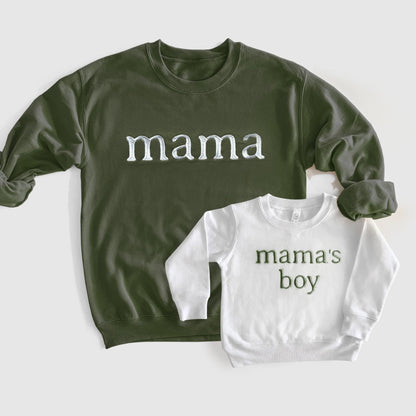 army green mama sweatshirt matching white baby onesie mini embroidered embroidery crewneck pullover mommy and me set baby shower gift baby boy mamas boy