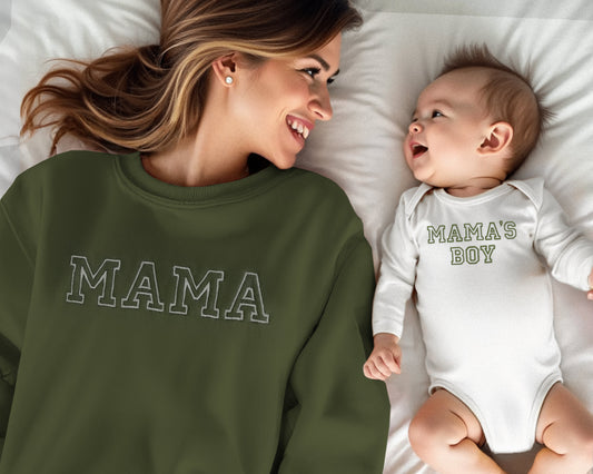 army green mama sweatshirt matching white baby onesie mini embroidered embroidery crewneck pullover mommy and me set baby shower gift baby boy mamas boy