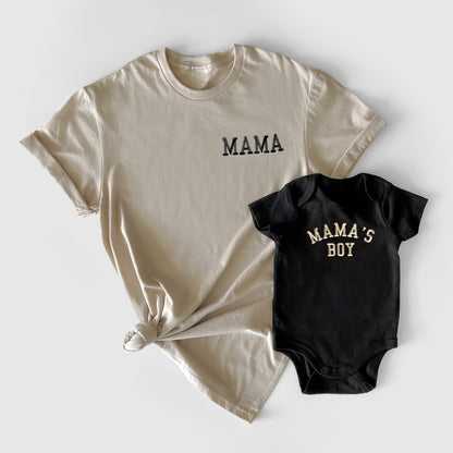 mama and mama's boy matching mother son embroidered shirts, newborn baby boy gift, mama shirt, new mom gift, newborn gift, mama's boy onesie, neutral black and beige