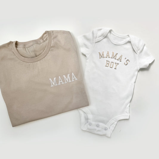 mama and mama's boy matching mother son embroidered shirts, newborn baby boy gift, mama shirt, new mom gift, newborn gift, mama's boy onesie