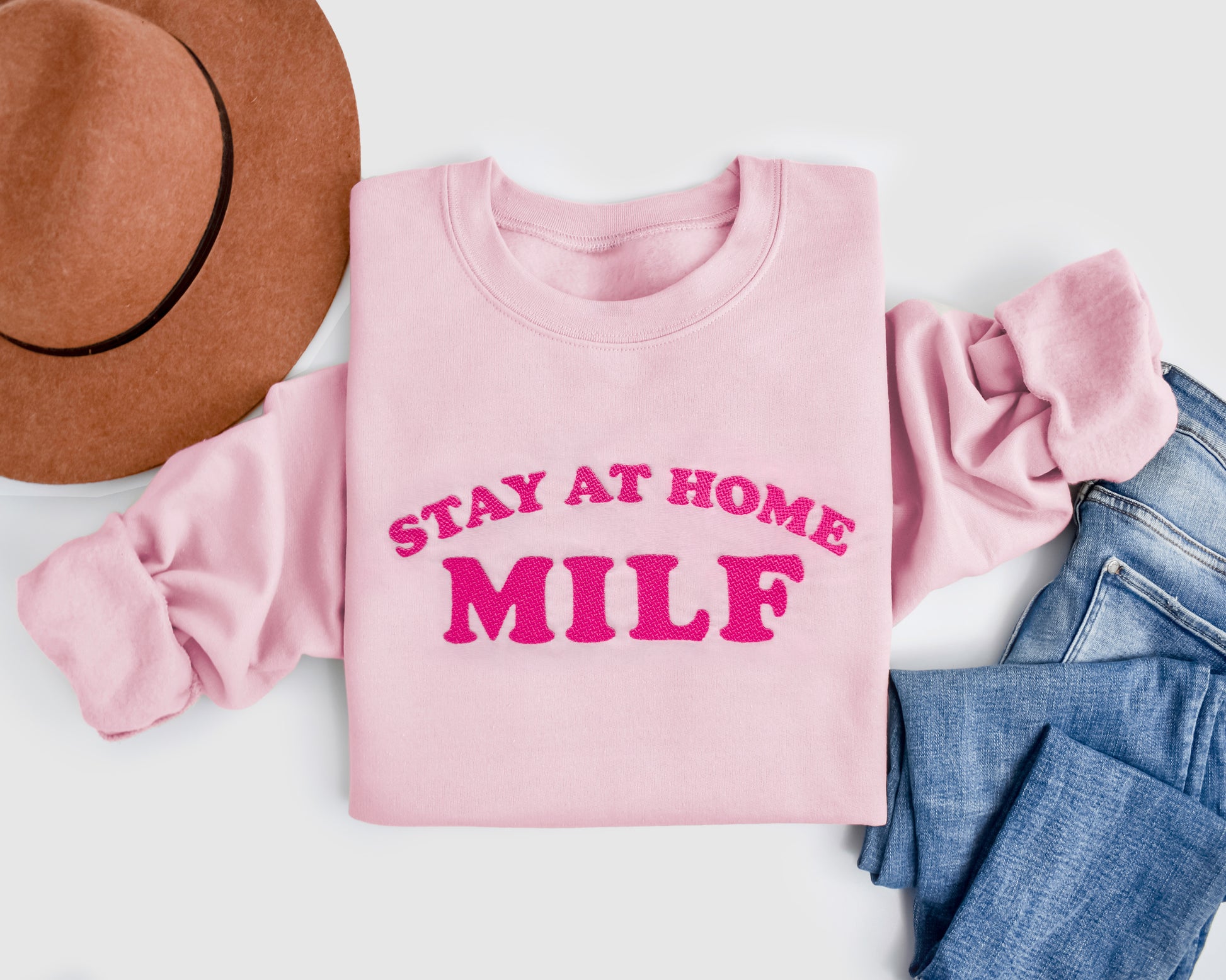 Stay At Home Milf custom embroidered mom sweatshirt in pink funny handmade mom gift folded