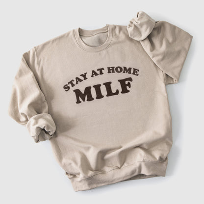 Stay At Home Milf custom embroidered mom sweatshirt in pink funny handmade mom gift sand color