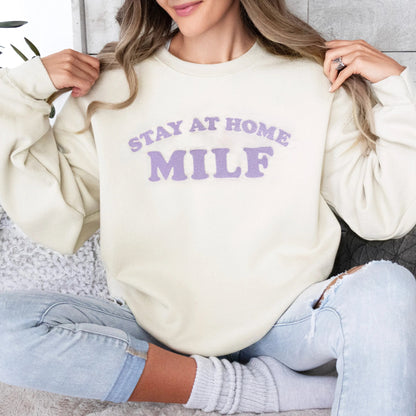 Stay At Home Milf custom embroidered mom sweatshirt funny handmade mom gift in cream with lavender thread