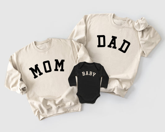 mom dad baby matching crewneck pullover sweatshirts coming home outfit gender neutral baby shower gift black beige tan cream 