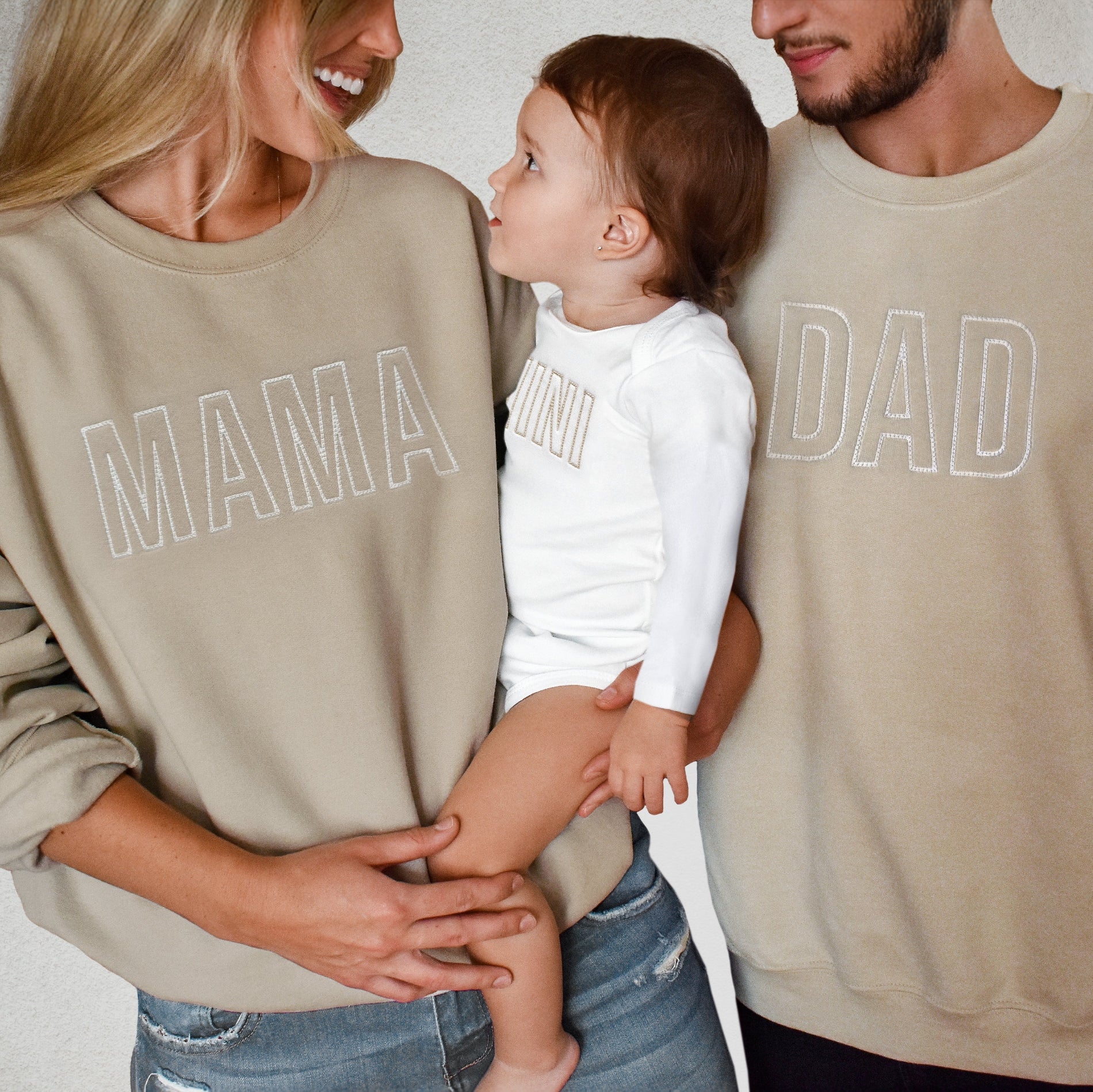 Mama, Dad and Mini Matching Custom Embroidered Sweatshirts and Bodysuits