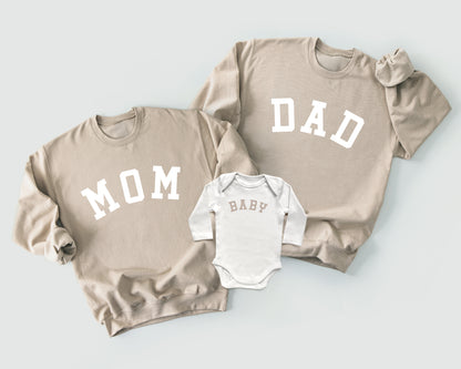 mom dad baby matching crewneck pullover sweatshirts coming home outfit gender neutral baby shower gift black beige tan cream 
