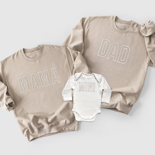 mama dad mini matching baby onesie bodysuit sweatshirts pullovers crewnecks family matching baby shower gift newborn coming home from hospital outfit sister brother sibling neutral matching