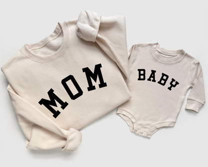mom dad baby matching crewneck pullover sweatshirts coming home outfit gender neutral baby shower gift black beige tan cream 