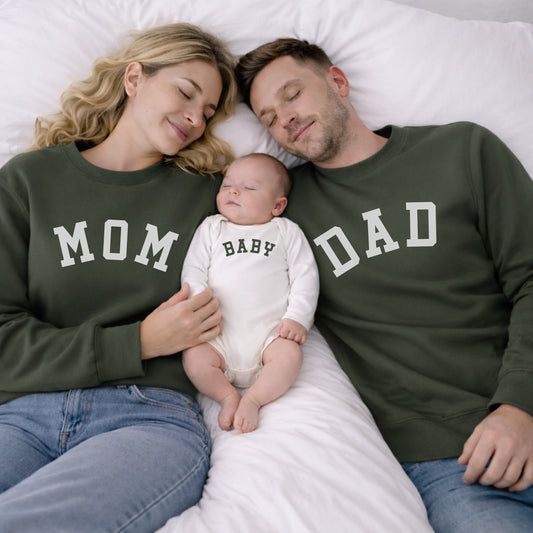 Army Green Family Matching Sweatshirts | Varsity Mom Dad & Baby Set