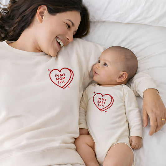 In My Mom Era and Baby Era Candy Heart Sweatshirts & Baby Outfits