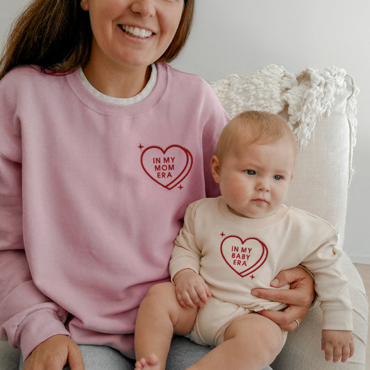 In My Mom Era and Baby Era Candy Heart Sweatshirts & Baby Outfits