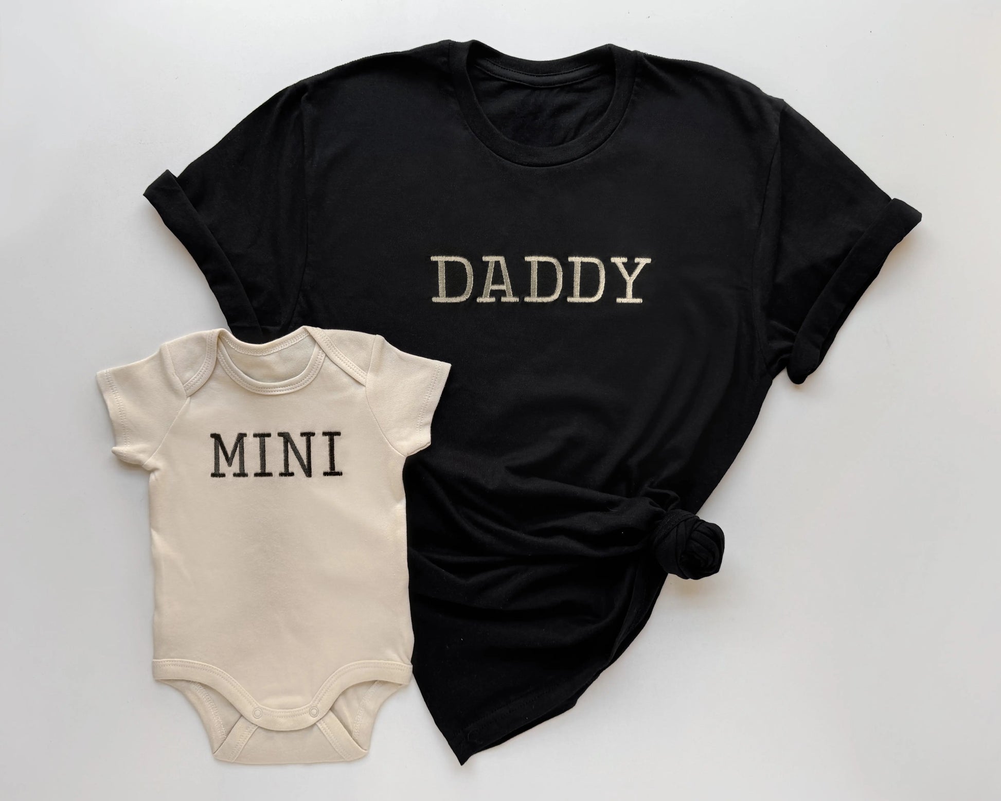 mommy daddy mini matching neutral t shirts onesies embroidered embroidery