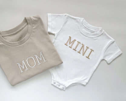 mommy daddy mini matching neutral t shirts onesies embroidered embroidery