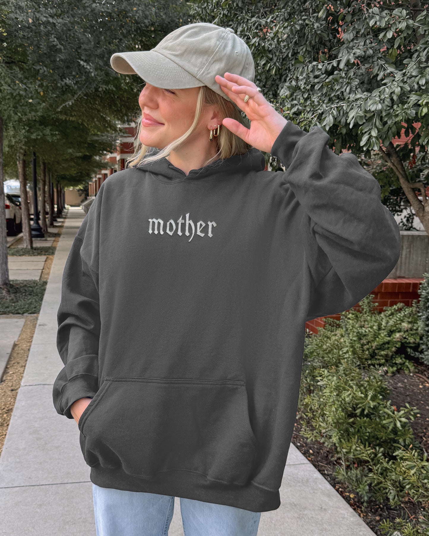 'Mother' Edgy Embroidered Gray Hoodie