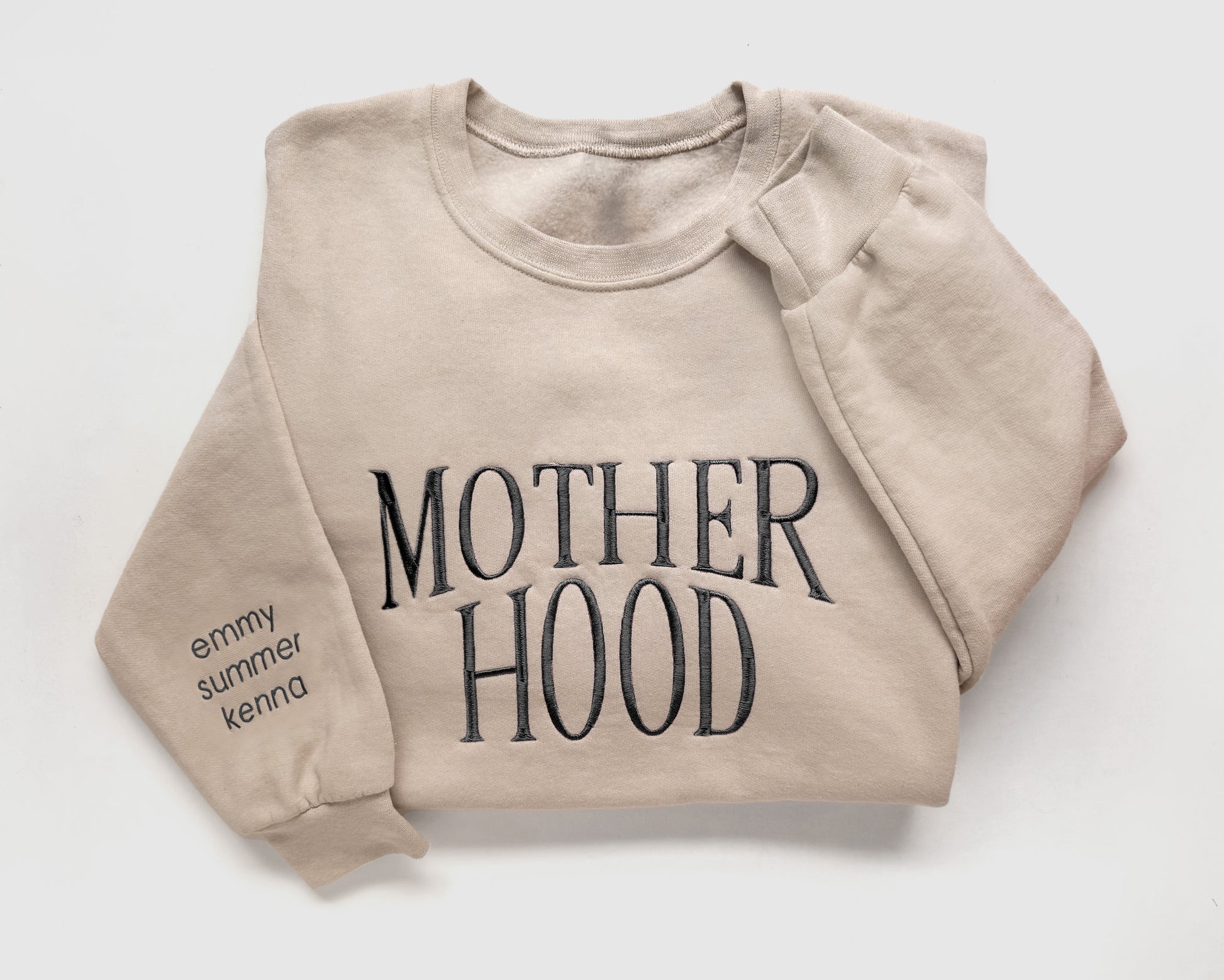 motherhood embroidered mother sweatshirt new mom gift in neutral beige with black thread
