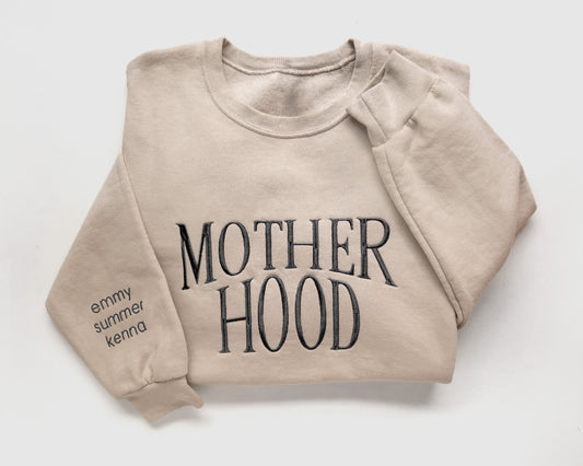 motherhood embroidered mother sweatshirt new mom gift in neutral beige with black thread
