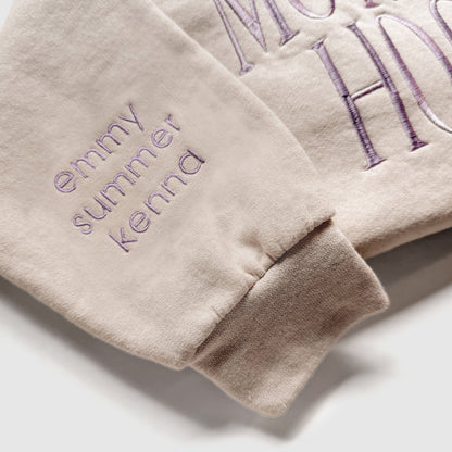 motherhood embroidered mother sweatshirt new mom gift in neutral beige with lavender thread