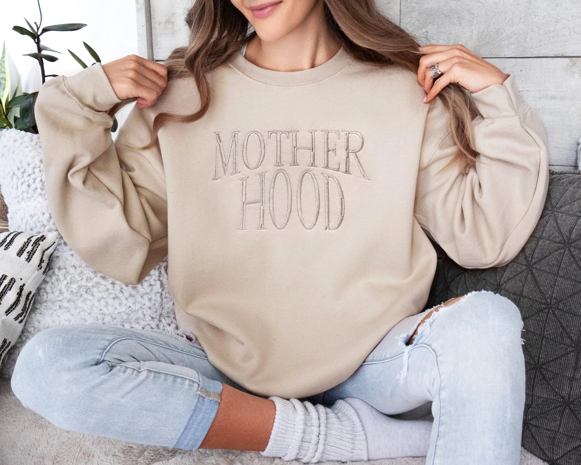 motherhood embroidered mother sweatshirt new mom gift in neutral beige with monochrome beige thread