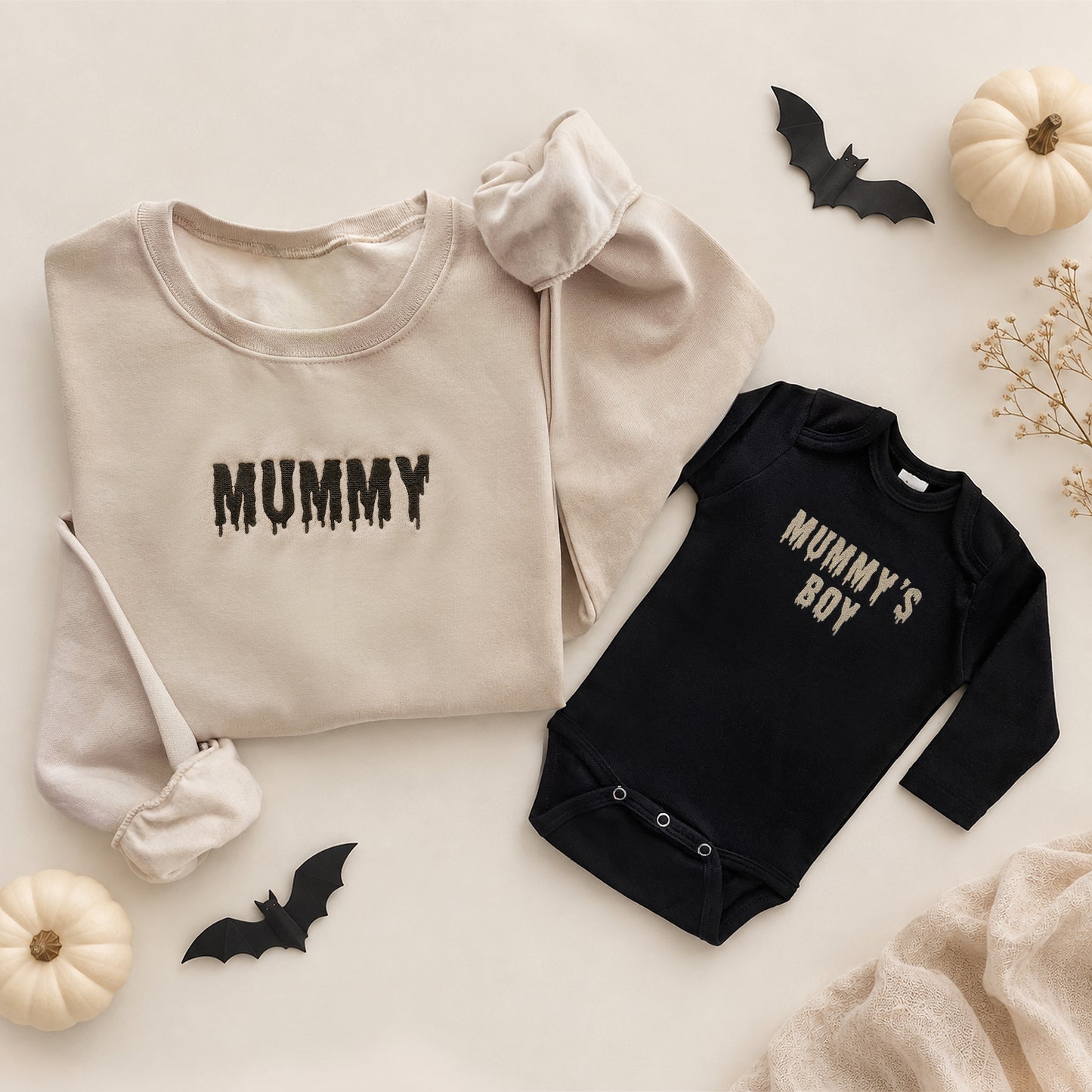 Mummy & Mummy’s Boy Halloween Matching Set | Embroidered Mummy Sweatshirt & Baby Bodysuit