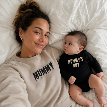 Mummy & Mummy’s Boy Halloween Matching Set | Embroidered Mummy Sweatshirt & Baby Bodysuit
